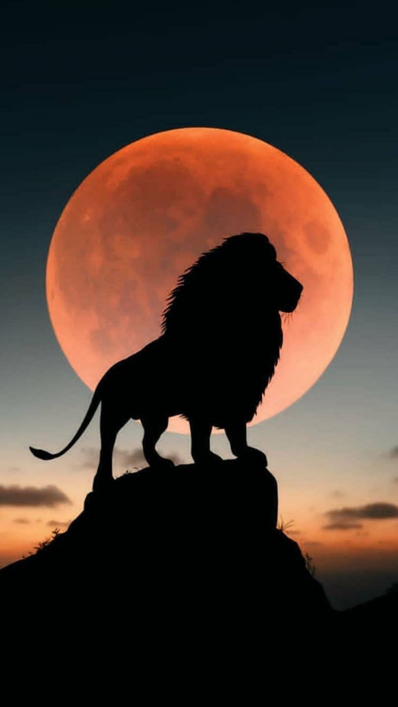 обои на телефон лев, скачать картинку король лев на фоне луна