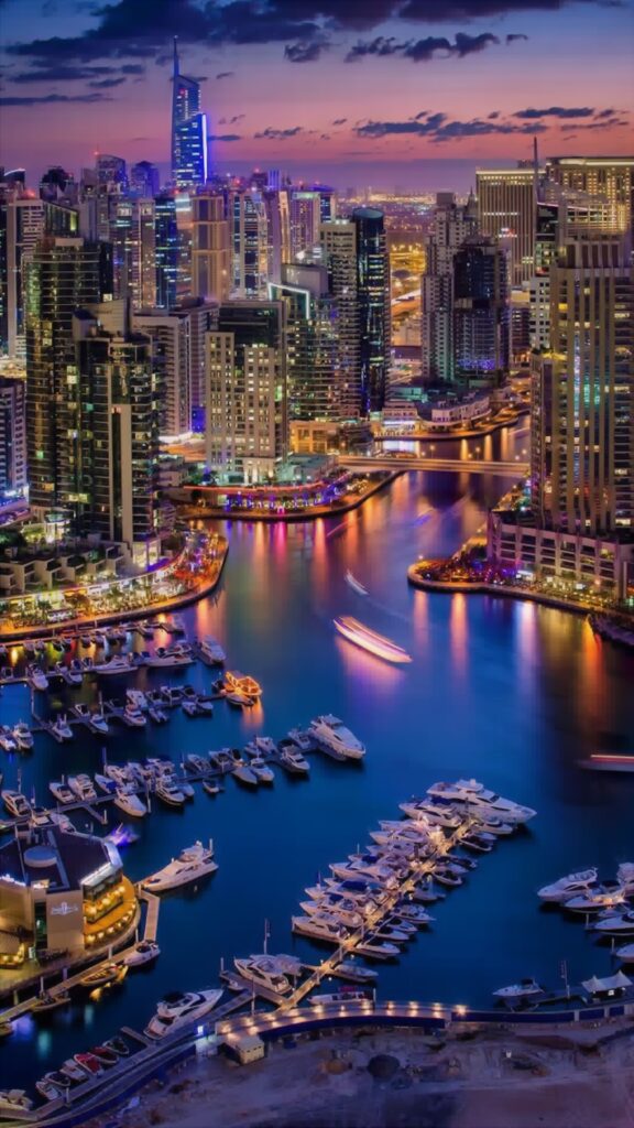 обои город, ночь, заставка на телефон, берег, яхты, Дубай