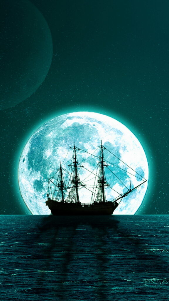 обои на телефон луна, скачать картинку корабль на фоне большой луны