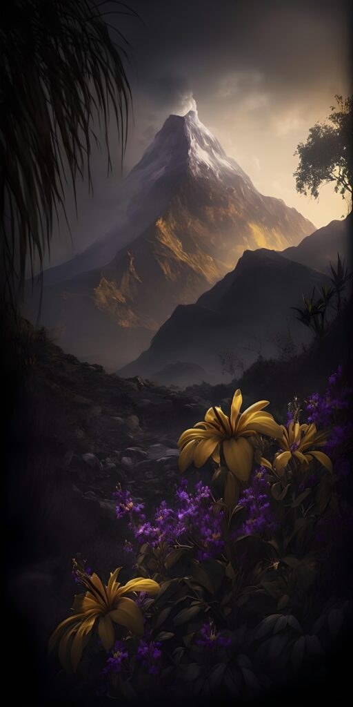 темные обои на телефон, картинка высокого качества гора, цветы