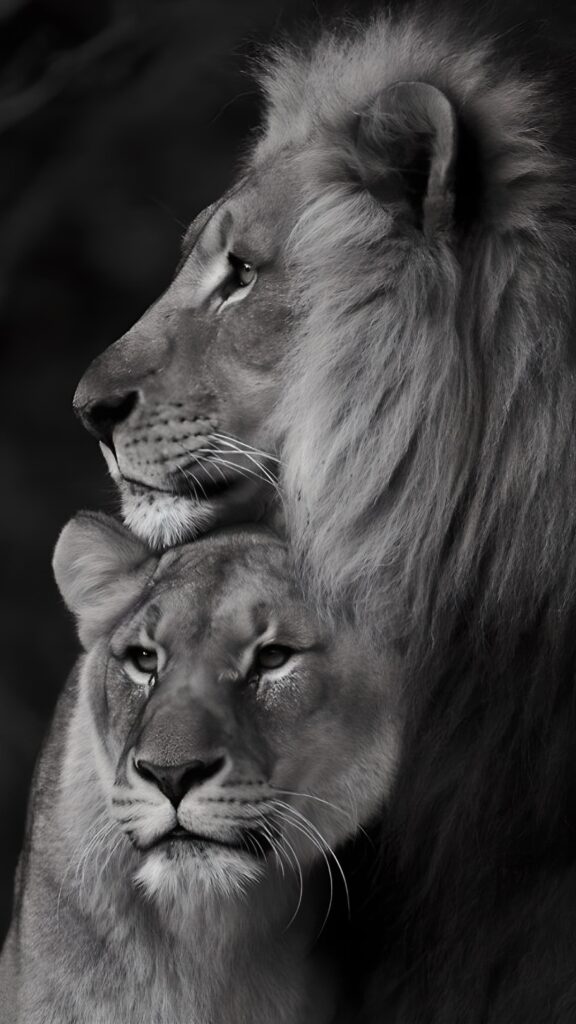 обои на телефон лев, скачать картинку лев и львица, черно-белый