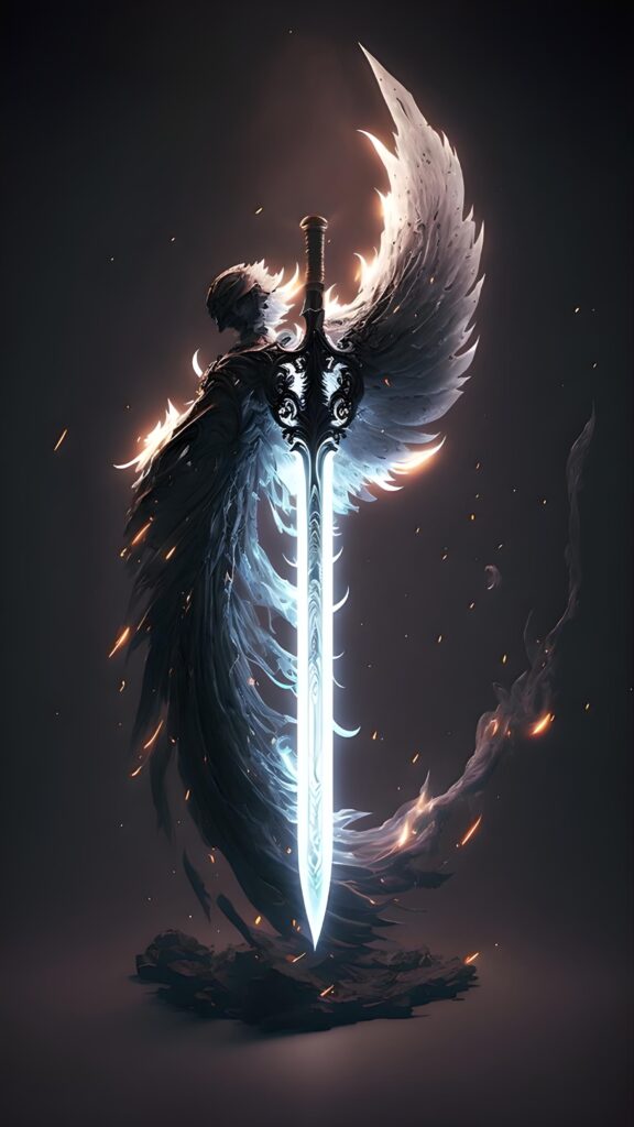 темные обои на телефон, картинка высокого качества на темном фоне светящийся меч, ангел