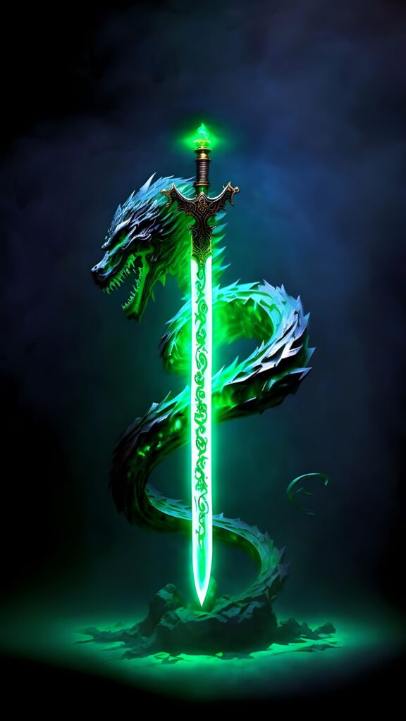 темные обои на телефон, картинка высокого качества на темном фоне светящийся меч, дракон