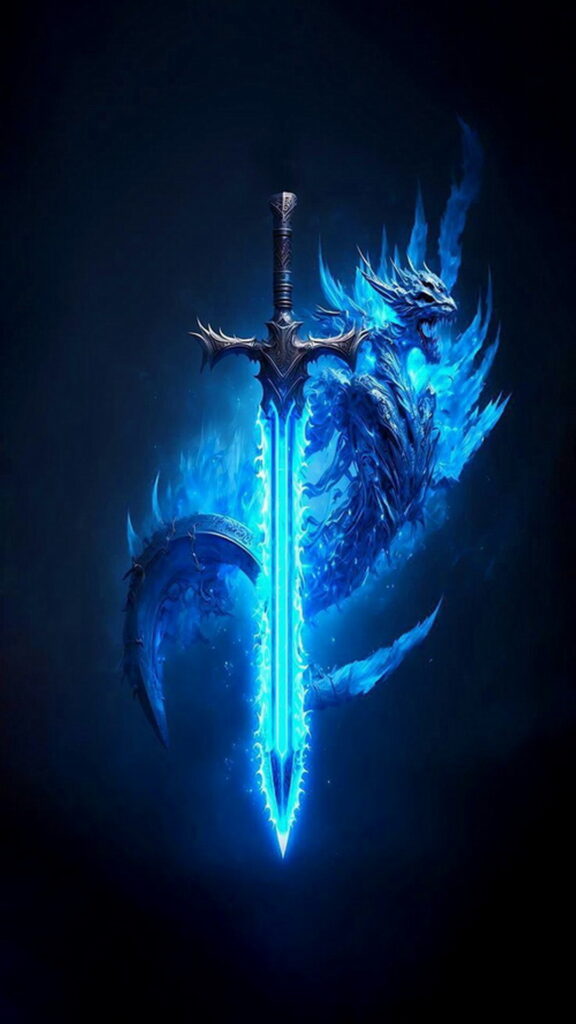 темные обои на телефон, картинка высокого качества на темном фоне светящийся меч, дракон, синий