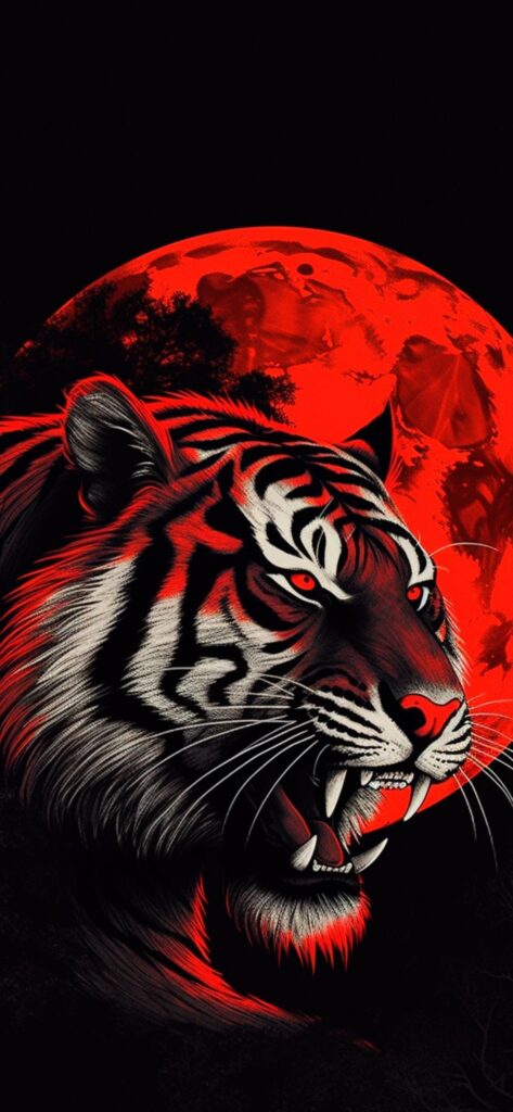 красные обои на телефон, скачать 4k картинку тигр, фон луна