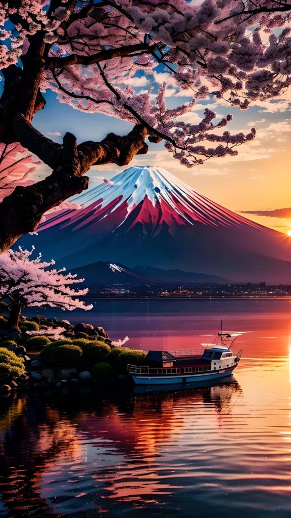 обои на телефон Япония, скачать картинку сакура, гора Фудзияма