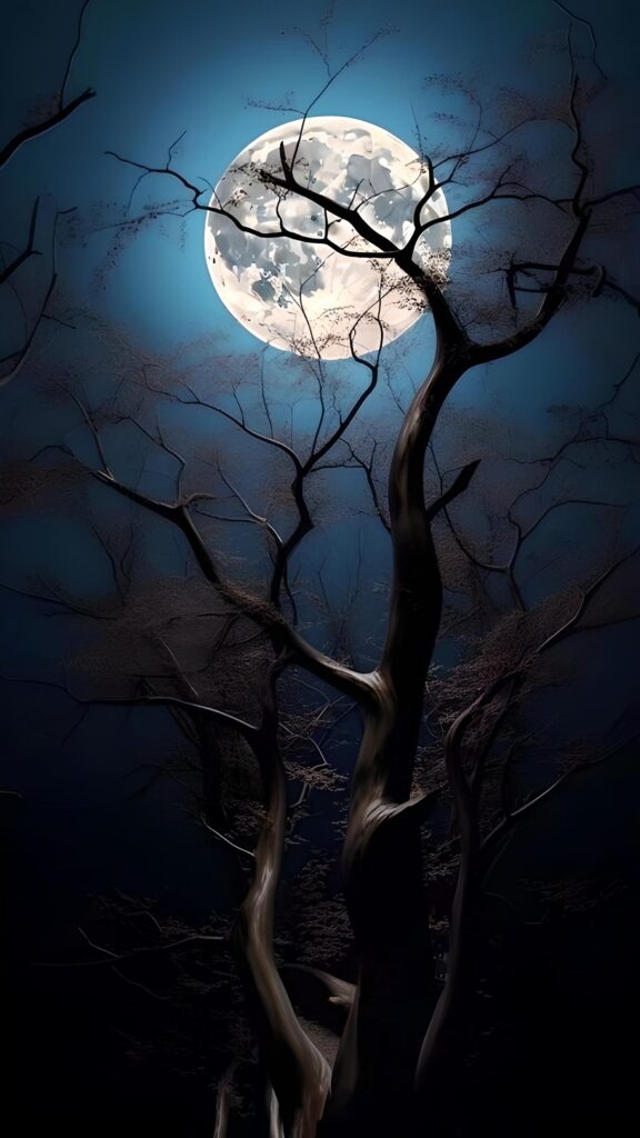обои на телефон луна, скачать картинку дерево на фоне полной луны