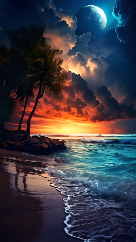 темные обои на телефон, картинка высокого качества море и берег пальмы