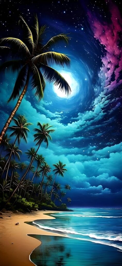 обои на телефон пальмы, скачать картинку пляж, арт с пальмами
