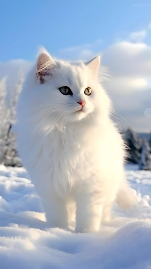 скачать картинку красивый белый котик, пушистый, снег