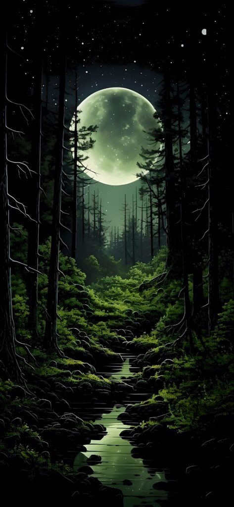 обои на телефон лес, скачать картинку луна в лесу, ночь