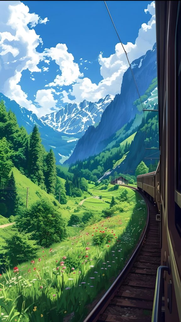 скачать картинку, красивая летняя природа, пейзаж горный, поезд