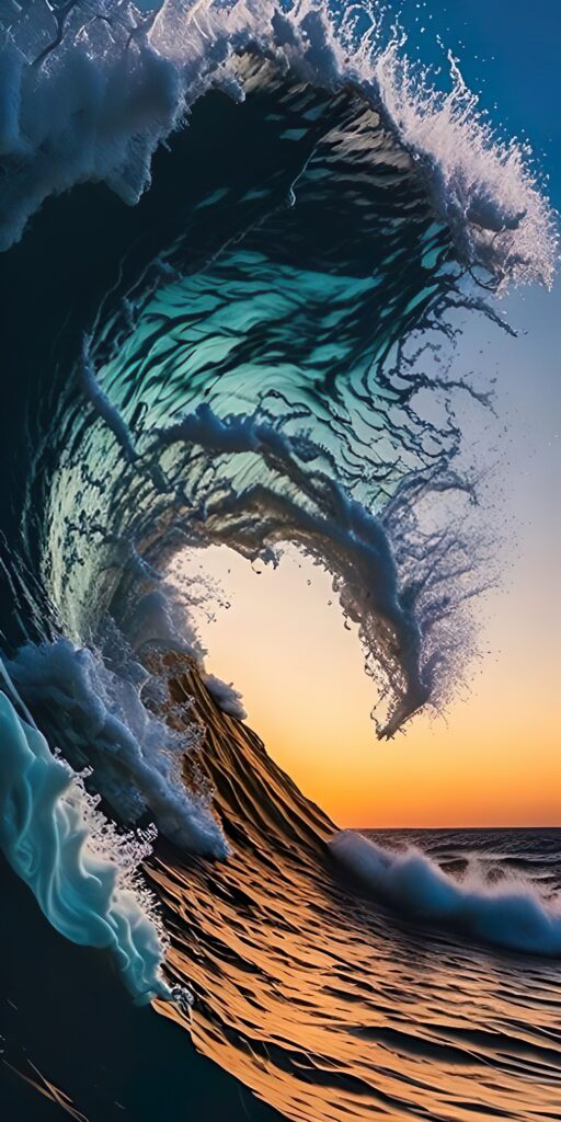 картинка вода, мощная волна, море, на закате