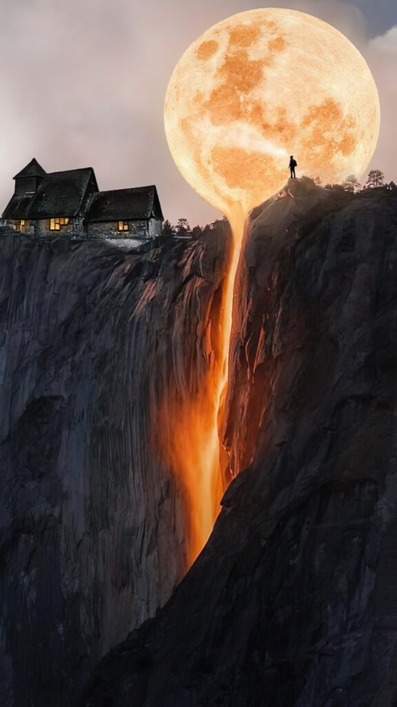 луна, водопад на краю, скала, пропасть