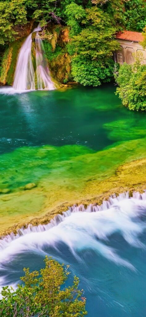 зеленый водопад, красивый пейзаж, вода