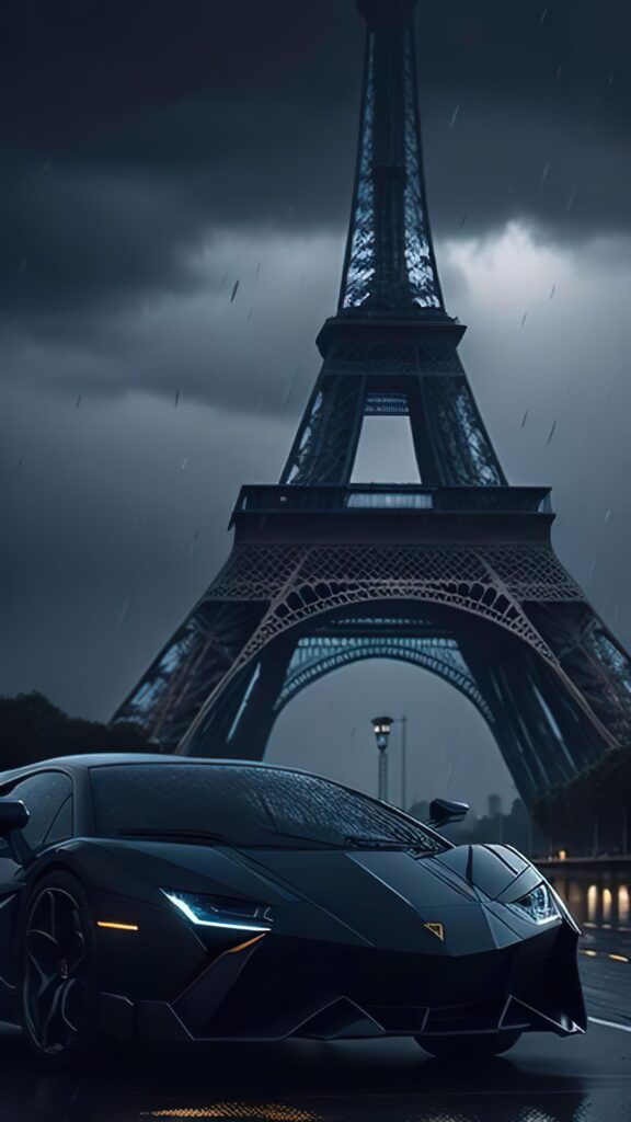 машина ламборгини, на фоне Париж, темные обои