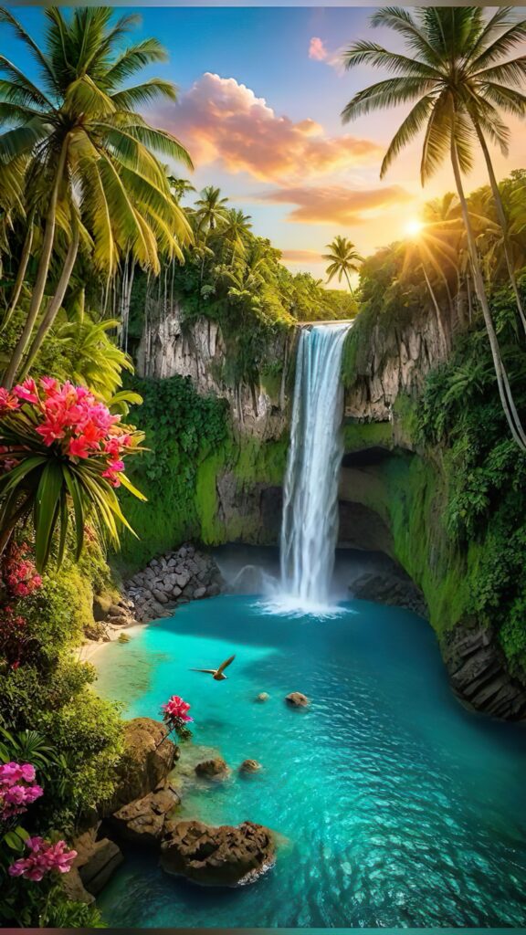 райское место, водопад, пальмы, на закате