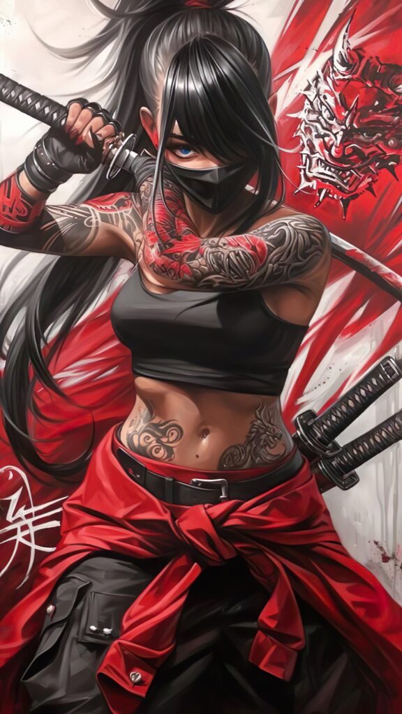 девушка самурай, красный фон, воин с катаной