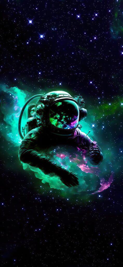 космонавт в космосе, черный фон, зеленый дым
