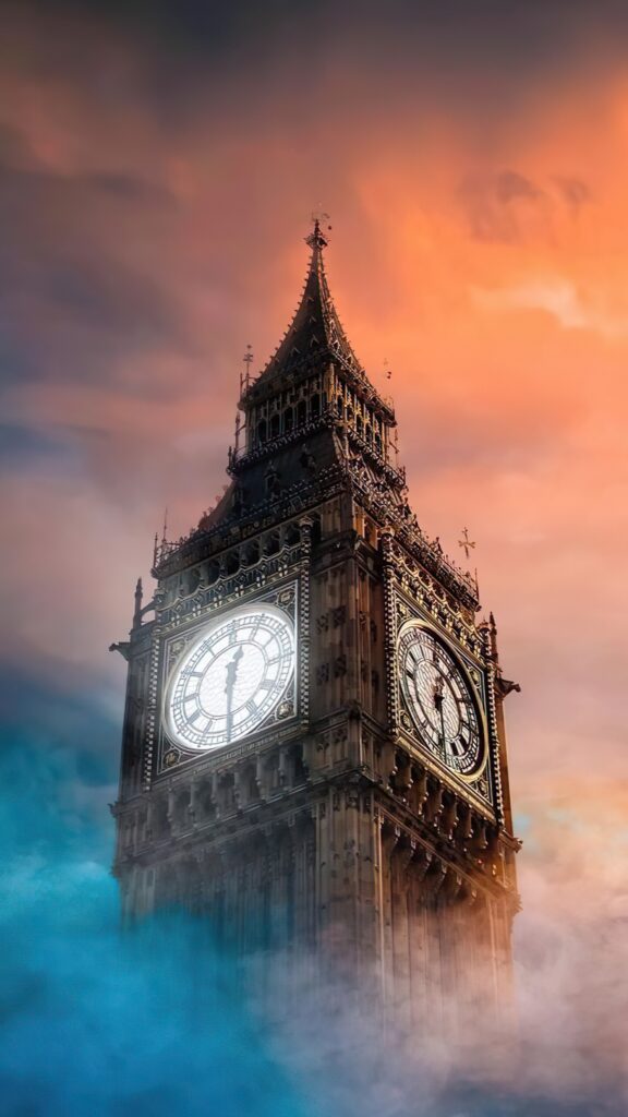 Биг бен в тумане, Лондон, башня с часами, подсветка