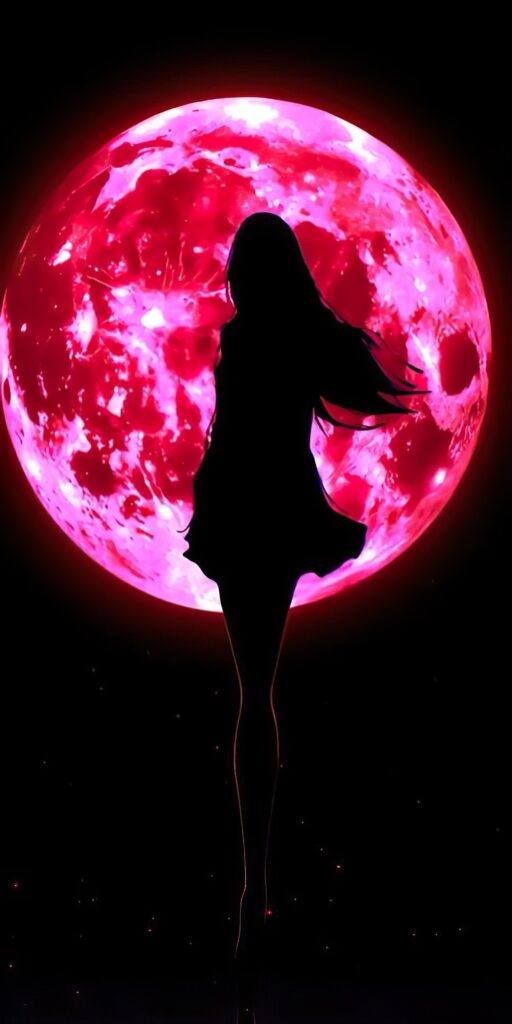 девушка, черный фон, красная большая луна