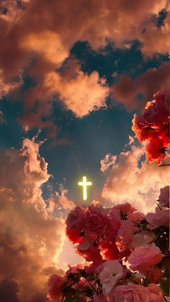 крест на небе, облака, цветы