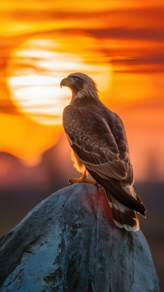 орел сидит на камне, закат солнца, оранжевый