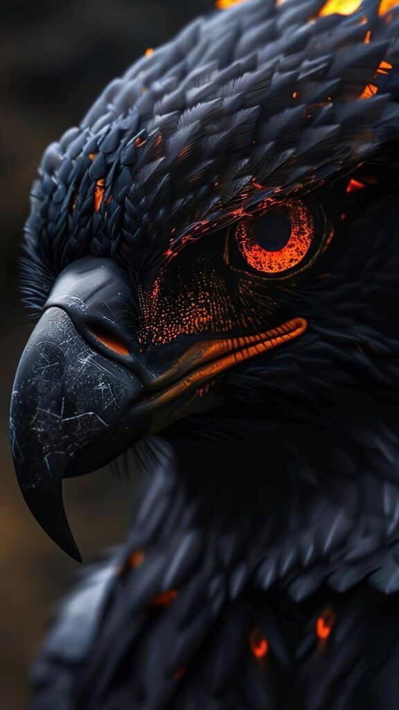 черный орел, яркие глаза, темный фон