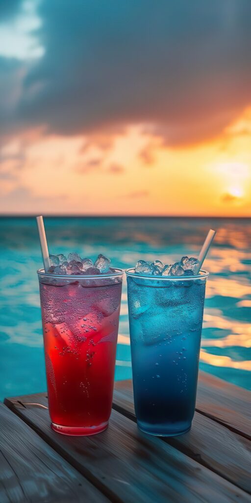 морской коктейль, цветной напиток, лед