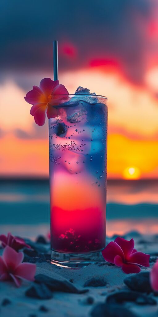 морской коктейль, освежающий напиток, закат на море