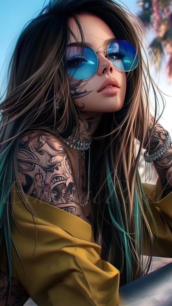 красивая девушка с татуировками, в очках