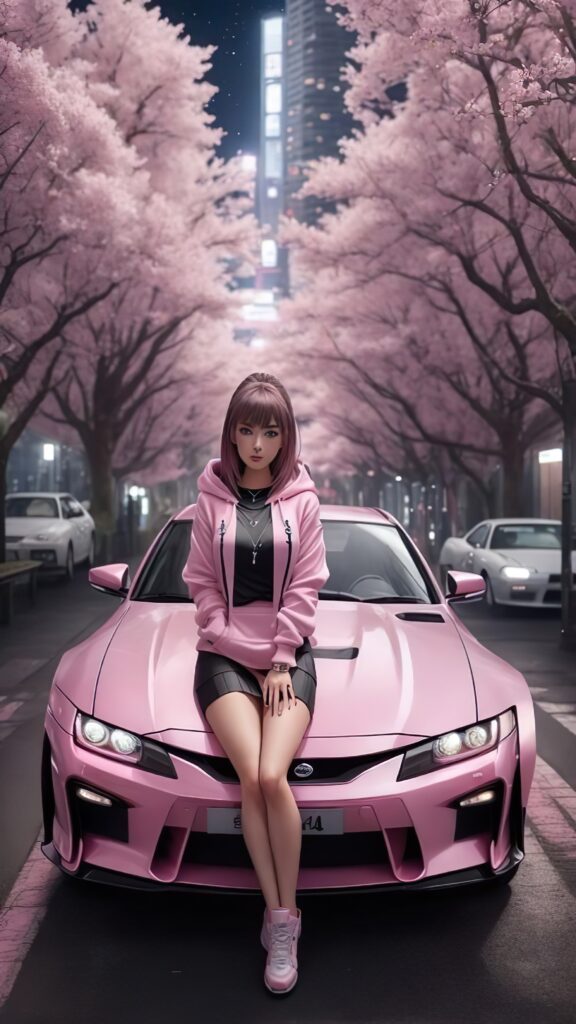 девушка возле автомобиля, розовый цвет, цветущие деревья