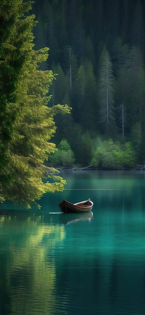 зеленый лес, дерево, лодка на озере