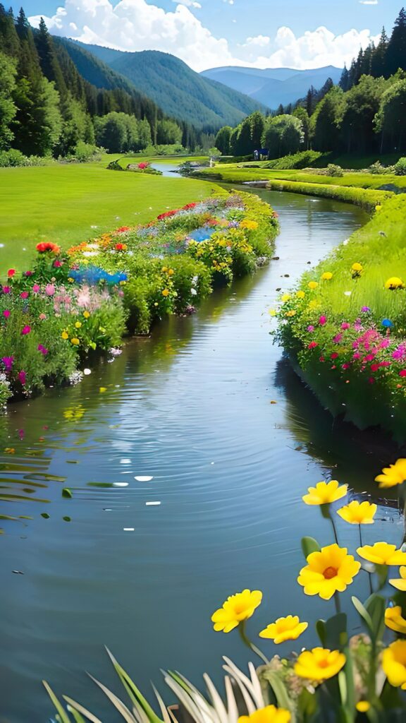 зеленый пейзаж, речка, цветы