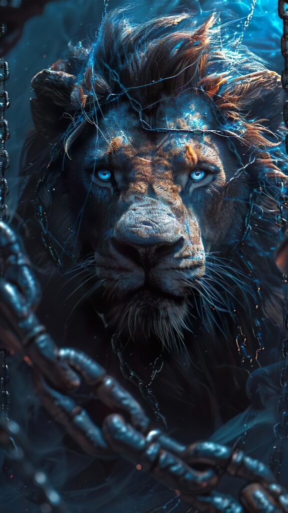 большой лев, цепь, синий оттенок
