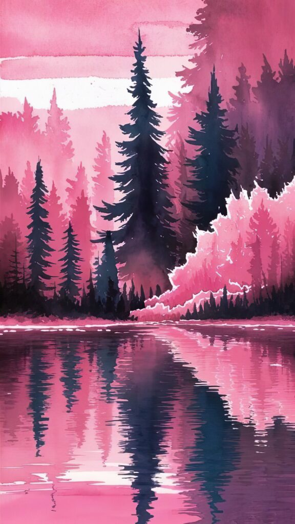 розовый пейзаж, природа деревья, вода