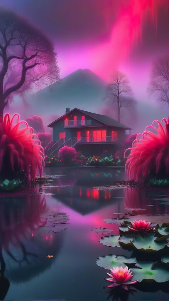 розовый пейзаж, домик у озера, кувшинки на воде
