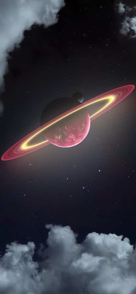 планета Сатурн, светящиеся кольца, облака 