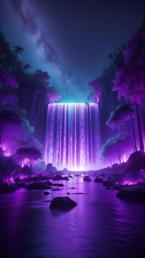 неоновый водопад, эффект свечения, большая вода