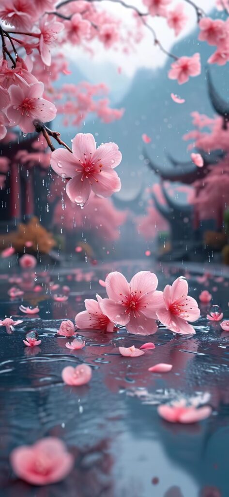 цветы сакуры, вода, дождик, цветение