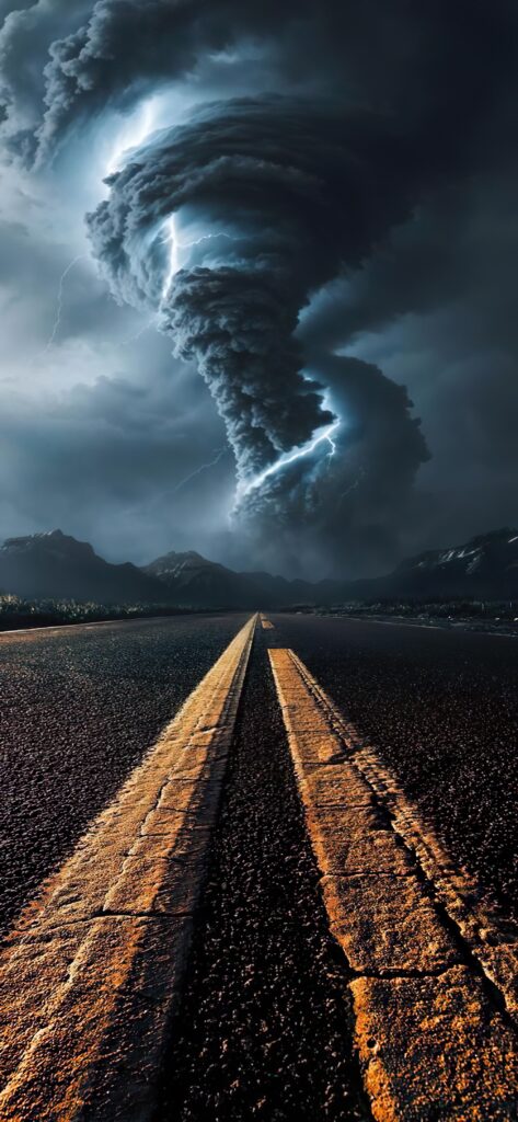 торнадо, смерч, молния у дороги