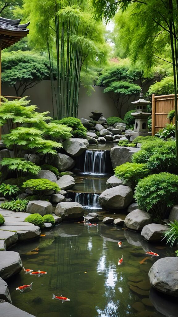 красивый сад в японском стиле, зелень, водопад