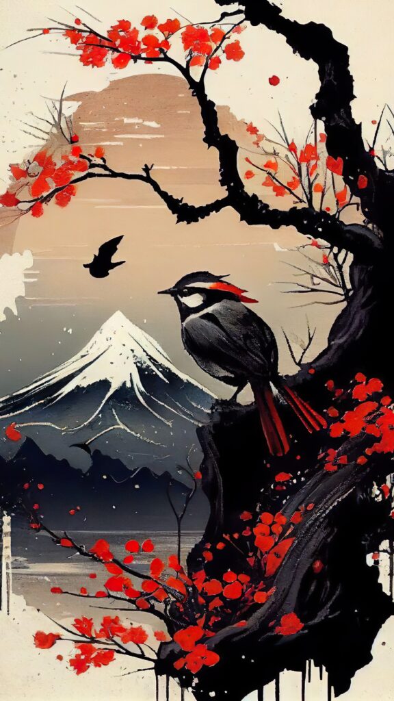 японский пейзаж, дерево сакура, арт рисунок