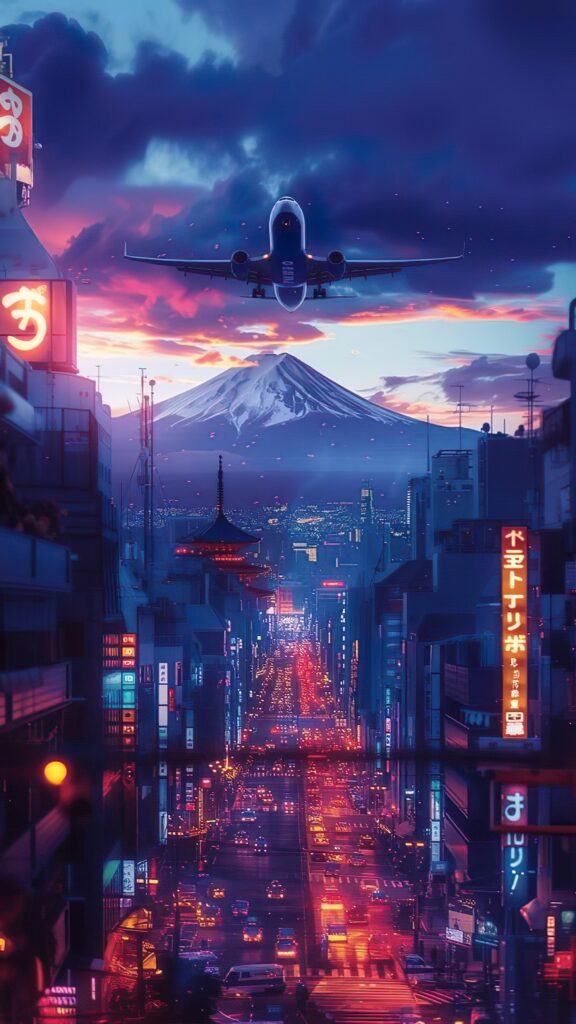 ночной город, Токио, неоновый фон, самолет