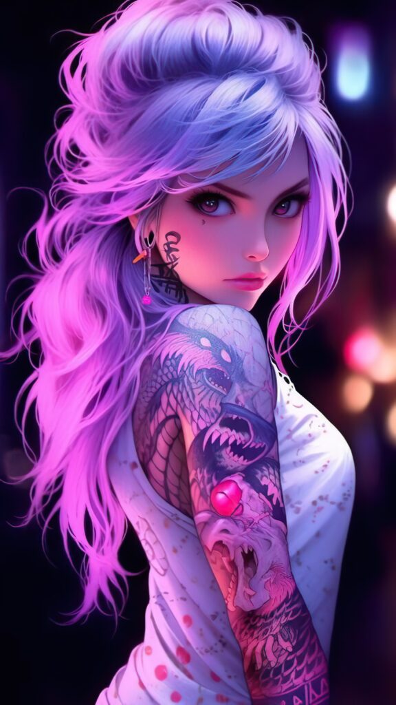 девушка с татуировками, арт рисунок, пурпурный