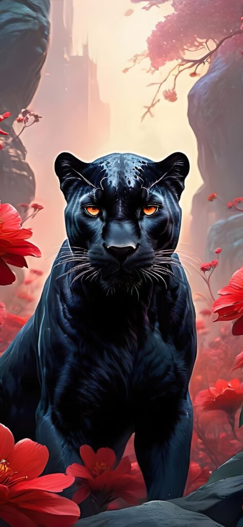 черная пантера, животное, фэнтези, красные цветы