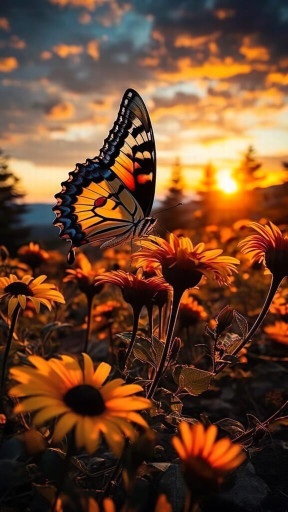 бабочка, желтые цветы, закат солнца, полевая ромашка