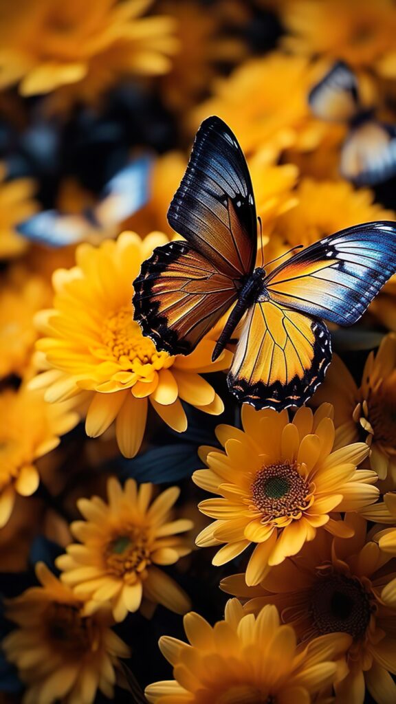 бабочка, желтые цветы, букет цветов
