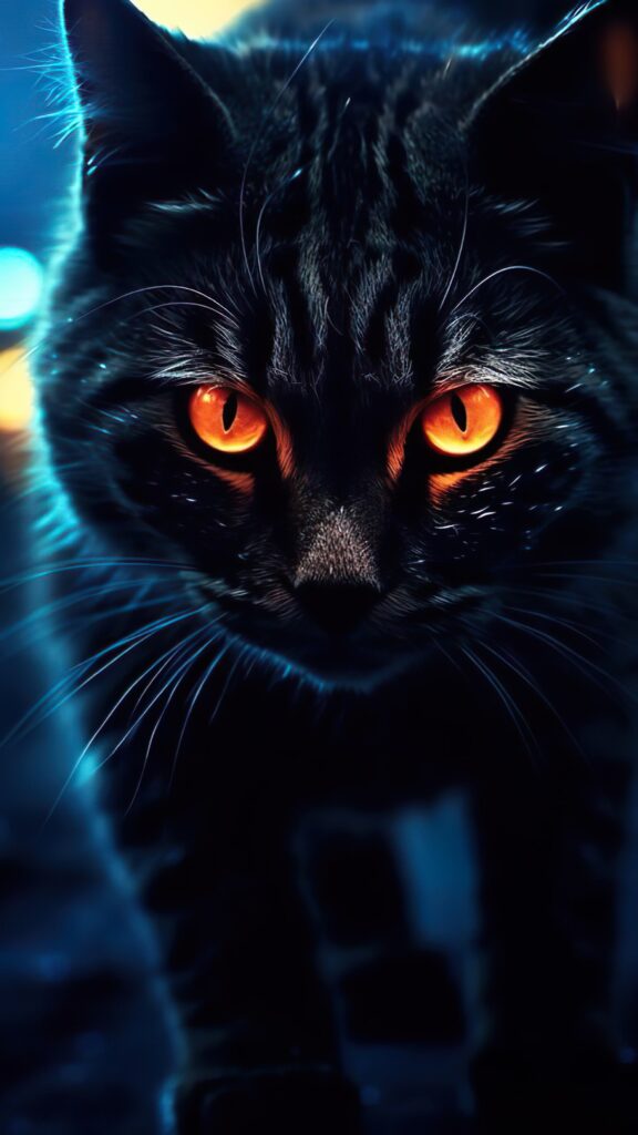 черный фон, черная кошка, оранжевые глаза