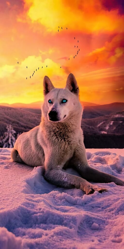 волк собака, закат, птицы, зимний пейзаж